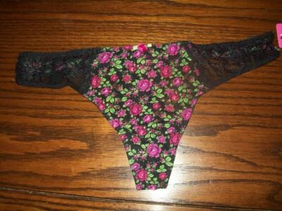NWT BETSEY JOHNSON FLORAL W STRETCH LACE THONG PANTIES 722215 BLKGU 012 M L - Image 1 of 2