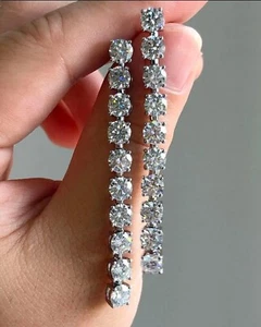 4Ct Round Cut Moissanite Women;s Drop & Dangle Earrings In 14K White Gold Plated - Picture 1 of 8