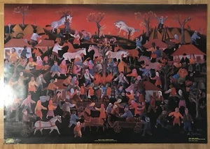 VINTAGE BIG ORIGINAL NAIVE ART POSTER PRINT-DUŠAN JEVTOVIĆ “FIREFIGHTING” POŽAR - Picture 1 of 12