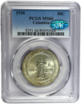 1936 PCGS MS66 Columbia Classic Silver Commemorative Half with Green CAC Label - Image 1 of 2