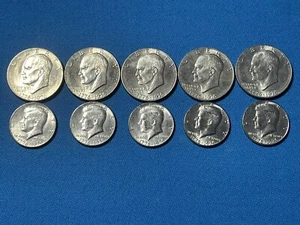 10 Clean Bicentennial Coins Lot, 5 IKE “Silver Dollars” & 5 Kennedy 1/2 Dollars. - Picture 1 of 2