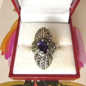 Vintage Gothic Style Sterling Amethyst Marcasite Ring - Picture 1 of 5