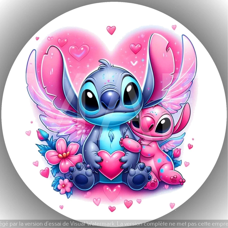 Stitch & Angel. Décoration de gâteau comestible , Azyme , disque diamètre 20cm.