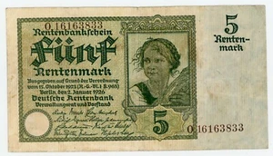 Germany  ... P-169 ... 5 Rentenmark ... 1926 ... *F-VF* ... Brown Serial # - Picture 1 of 2