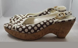 Franco Sarto Damen-Sandalen braun weiß gepunktet Kork Keilabsatz Fersenriemen Größe 8 M - Bild 1 von 2