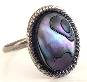 Anello Vintage Southwestern Ovale Abalone Tono Argento Misura 4,75 Regolabile - Foto 1 di 7