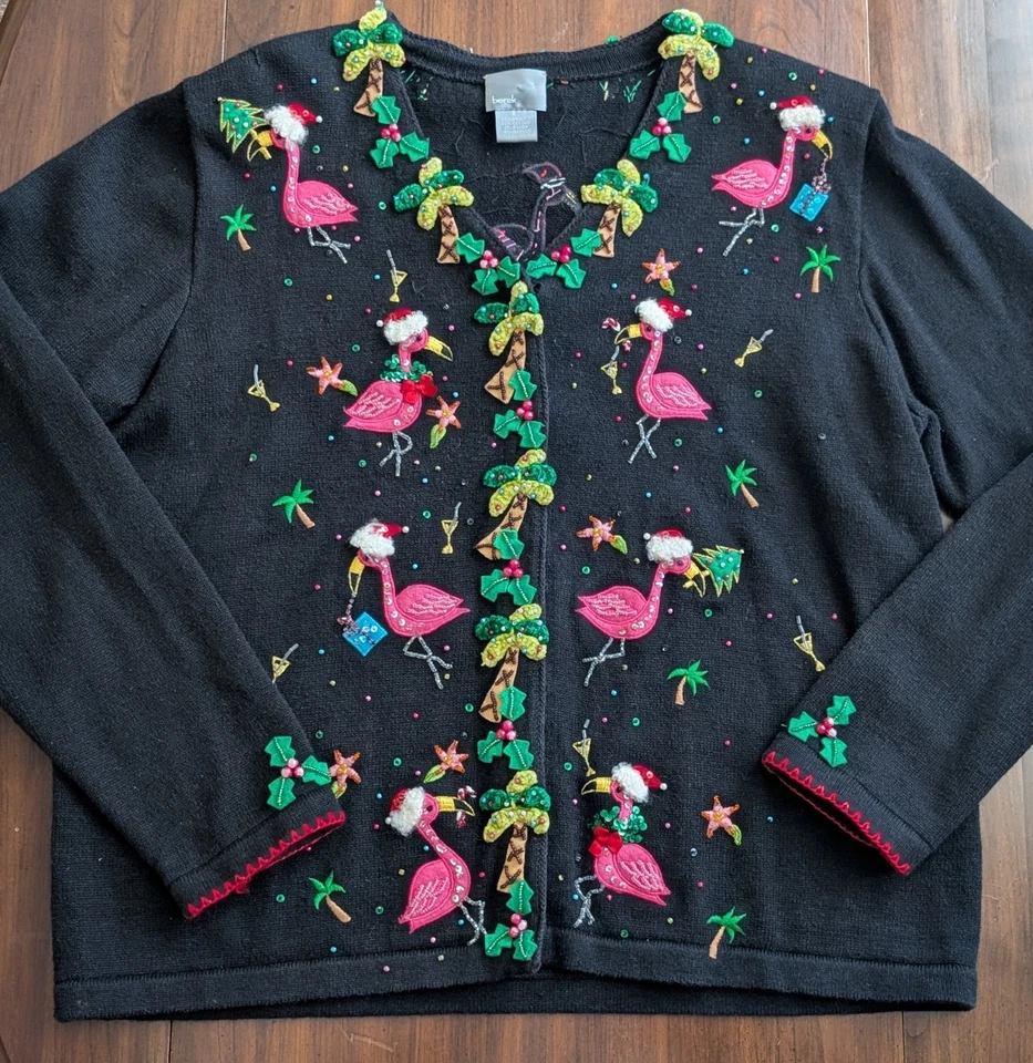 Vintage Berek Christmas Ugly Holiday Sweater Embroidered Beaded Flamingos - Image 1 of 4