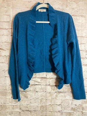 Suéter de cachemir Kinross para mujer mediano azul con volantes frente abierto cárdigan recortado Foto 1 de 4