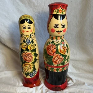 Russian USSR Hand-Painted Matryoshka Pair Bottle Holder Decor Vintage 12/14” - Picture 1 of 15