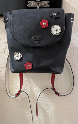 Vintage Guess Black/Red Backpack Bag Purse Embossed 3D Flowers Logo Vinyl - Image 1 of 4