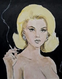Original Glamour Girl Gemälde Rauchen Thayer Kunst OOAK MCM Zigaretten After Sex - Bild 1 von 5