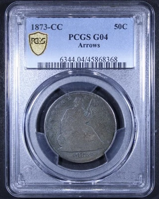 Meio dólar (setas) 1873-CC Seated Liberty - 50c PCGS G04 - PCGS Gold Shield - Imagem 1 de 4