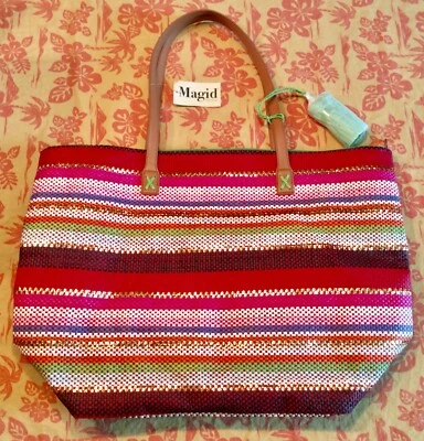 MAGID HANDBAG PURSE STRIPED STRAW BEACH TOTE OVERSIZED NEW WITH TAGS RED - Image 1 of 4