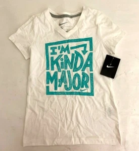 Nike Girls Youth SMALL Graphic T-Shirt (I'm Kinda Major) White, Blue   - Picture 1 of 1
