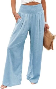 chouyatou Women's Smocked High Waisted Cotton Linen Wide Leg Pants Palazzo with - Picture 1 of 10