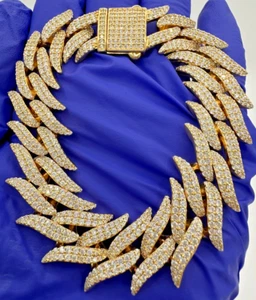 Sterling Silver 925 Gold Plated Men Cuban Link Spiked Iced CZ Bracelet Size- 8” - Picture 1 of 19