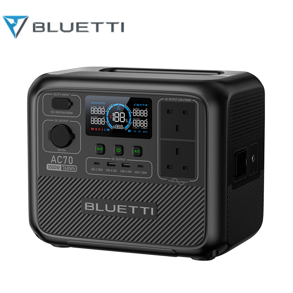 BLUETTI AC70 768Wh 1000W Portable Power Station Solar Generator for Camping Trip
