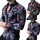 Men's Casual Rose Print Shirt Long Sleeve Button Turn-Down Collar Tops