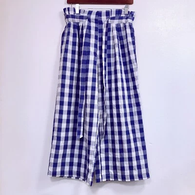 Joie Gingham Wide Leg Pants Blue White Check Cotton Blend Paper Bag Waist Medium - Image 1 of 4