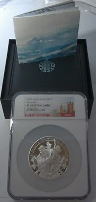 2023 £10 NGC PF70 UC 5 OZ Grã-Bretanha Britannia .999 prata fina 470 cunhada - Imagem 1 de 4