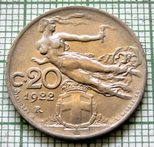 ITALY Vittorio Emanuele III 1922 R 20 CENTESIMI LIBERTY HOLDING A TORCH, NICKEL - Picture 1 of 6
