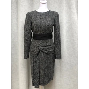 Oscar de la Renta Gris Negro Tweed Lana Vestido Manga Larga Frontal Torcido Nudo Falda - Imagen 1 de 10