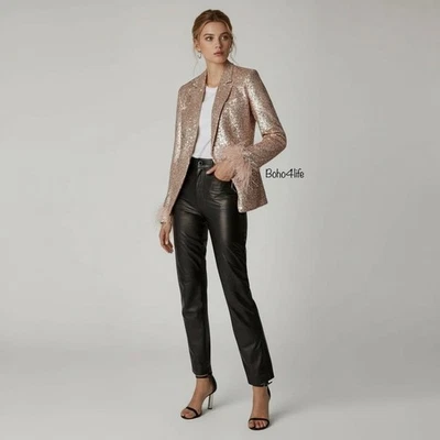 $178 Nicole Miller Charlotte Sequin Feather Trimmed Woman’s Champagne Blazer L - Image 1 of 4