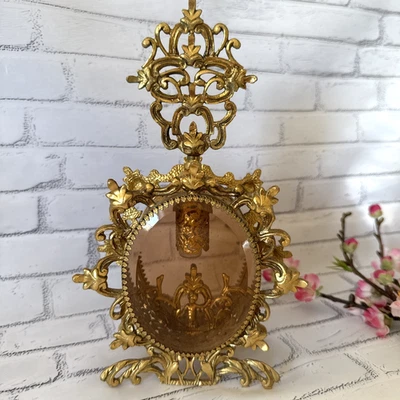 VINTAGE Perfume Bottle Amber Glass Ornate Gilt Brass Hollywood Regency Vanity 9" - Image 1 of 4