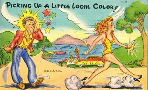 Vintage Comic Humor Postkarte Lokalkolorit abholen! Frau schlägt Mann  - Bild 1 von 3