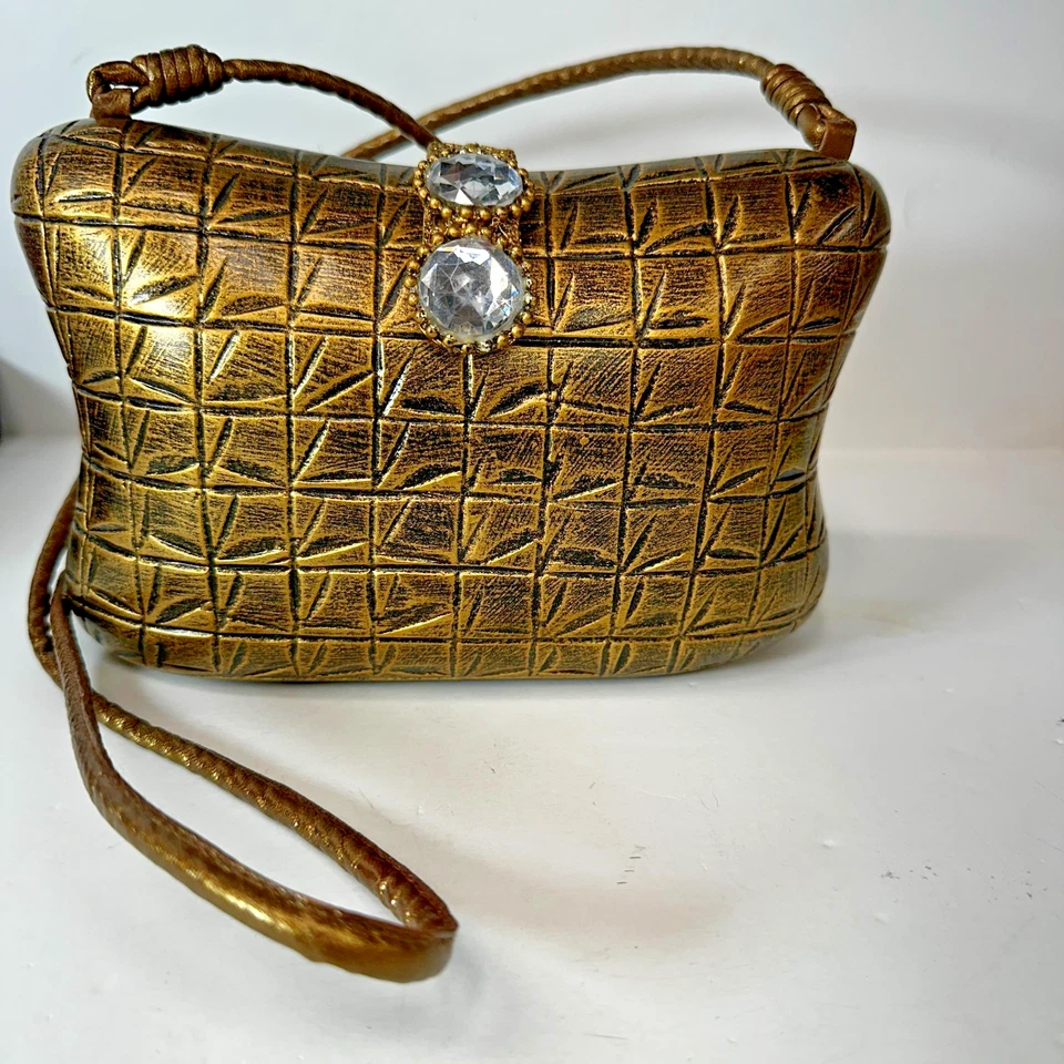 Cartera Timmy Woods Estuche Rígido Madera Metálico Bronce Tallado Vintage Bolso de Hombro Cocodrilo Foto 1 de 4
