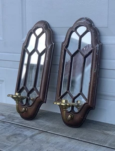 Applique specchio da parete vintage arco gotico metallo con portacandele ottone coppia rustico - Foto 1 di 19