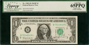 $1 1963-B FRN JOSEPH W. BARR AUTOGRAPH Secretary of Treasury LCGS Gem New 65PPQ - Picture 1 of 2