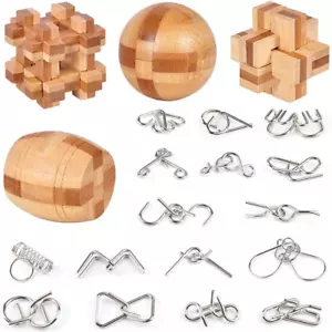 Brain Teaser Puzzle 20Pcs Unlock Interlock Game IQ Test Wooden Toy 3D Unlock Int - Picture 1 of 7