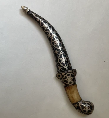 Indian oriental bone dagger with damascus blade and silver koftgari - Image 1 of 4