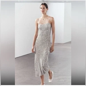 Zara Sequin Slip Midi Dress Size L Silver Party Cocktail Sexy Summer Cream - Picture 1 of 16
