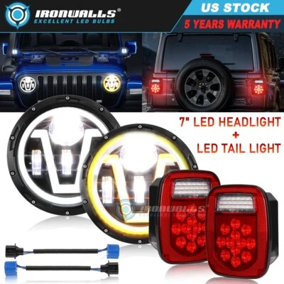 Farol de LED DRL 4 peças 7" e luz traseira de freio vermelha para caminhão Jeep Wrangler YJ TJ CJ - Imagem 1 de 4