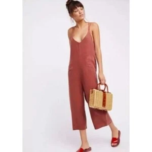 Free People Wide Leg Crop Strap Jumpsuit Salmon/coral XSmall Oversized Lyocell - Picture 1 of 14
