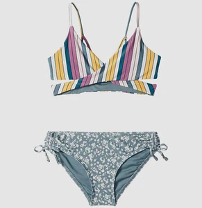 $54 O'neill Kids' Girls' Blue Striped Floral Bikini Set Swimwear Swimsuit Size 4 - Picture 1 of 2