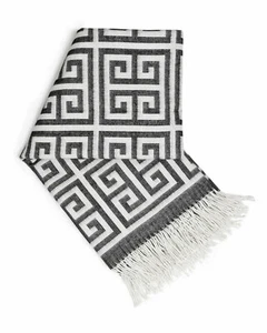 Jonathan Adler Greek Key Throw Blanket Alpaca Wool Fringe Gray 60" Square NEW - Picture 1 of 5