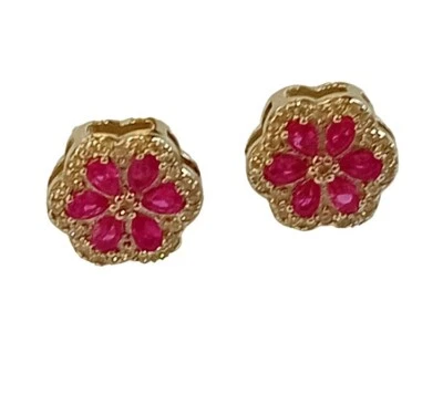 Orecchini  Fiore Argento925 a Bottone con Pietre Rosse e Bianche - Immagine 1 di 4