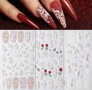 3Pcs Day Nail Art Stickers Decals 5D Engraved Flower Rose Ribbon Wedding Party - Picture 1 of 7
