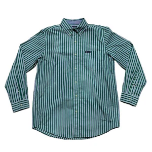 Ralph Lauren Chaps Shirt Mens Medium Green Striped Easy Care Button Up Casual - Picture 1 of 13