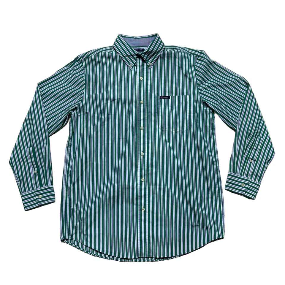 Ralph Lauren Chaps Shirt Mens Medium Green Striped Easy Care Button Up Casual - Image 1 of 4