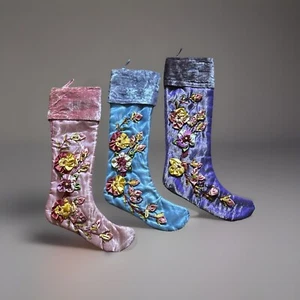 Two’s Company Set Of 3 Victorian Floral Velvet, Metallic, Silk Holiday Stockings - Picture 1 of 10
