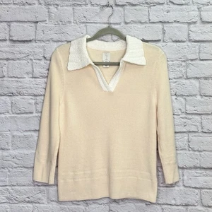 Joie Womens Knit V-Neck Sweater Size M Pullover 3/4 Sleeve White Collar Beige - Picture 1 of 5