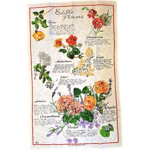 Ross Linen Tea Towel Vtg Edible Flowers NEW old Stock Dish Towel FREE POSTAGE - Picture 1 of 5
