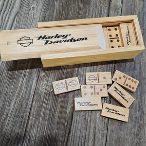 NEW Harley Davidson Motorcycles Wooden Dominoes Set In Wood Slide Top Box - Picture 1 of 4