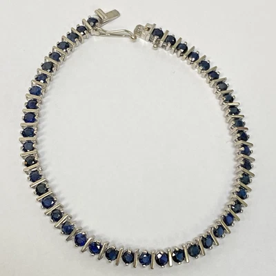 Brazalete Tenis Oro Blanco 14k Zafiro Azul Natural 3.60 CTW 9.0 Gramos 7" Foto 1 de 4