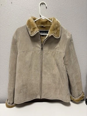 Casaco feminino vintage RAFFAELO bege camurça couro forro de pele com zíper tamanho G sutiã - Imagem 1 de 4