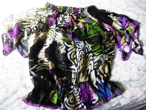 XL off the shoulder blouse banded bottom Sheer multi color floral print on black - Picture 1 of 4